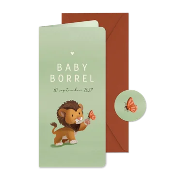 Uitnodiging babyborrel leeuw met vlinder